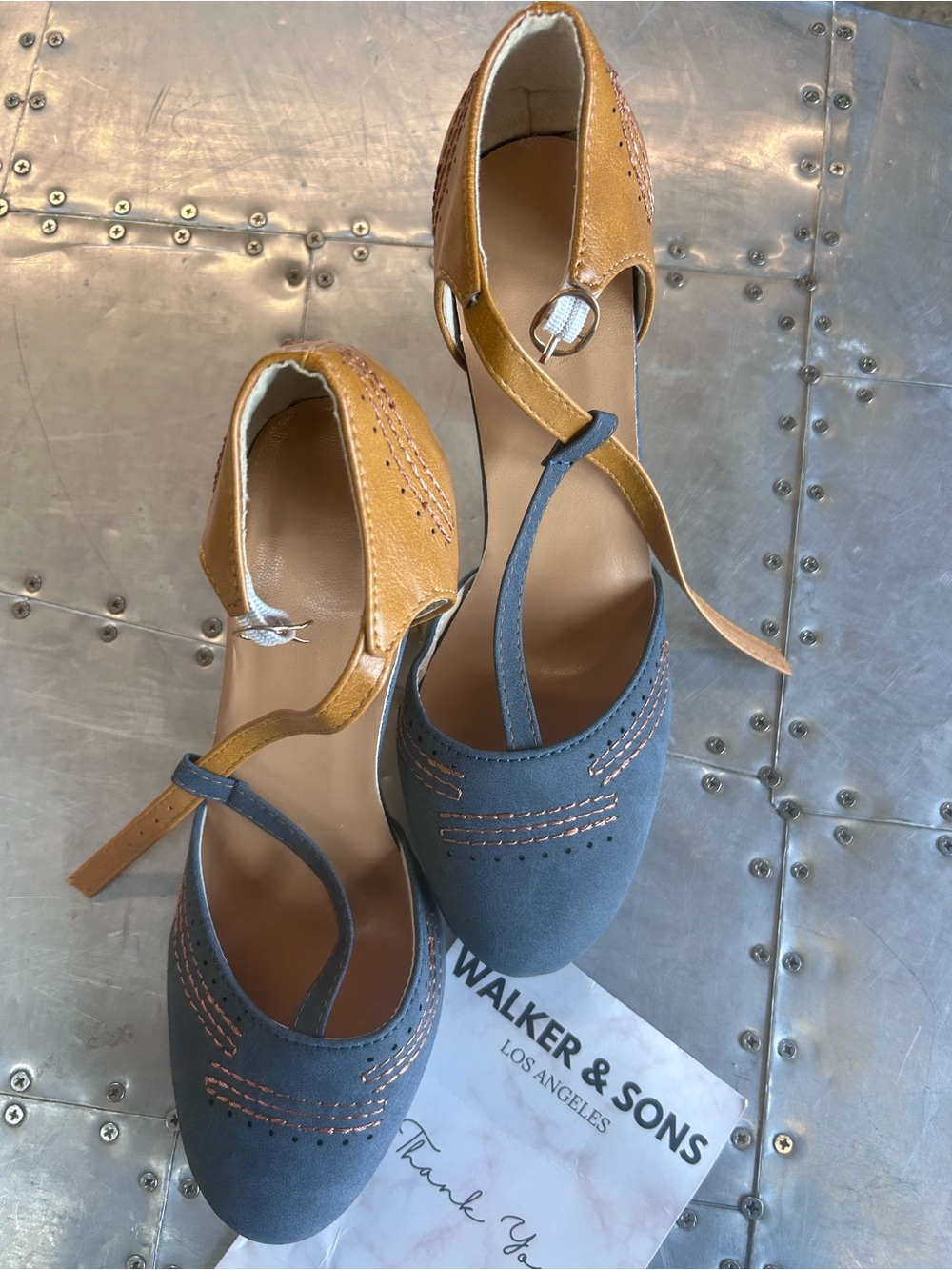 Two-Tone Blue and Tan Platform Flats